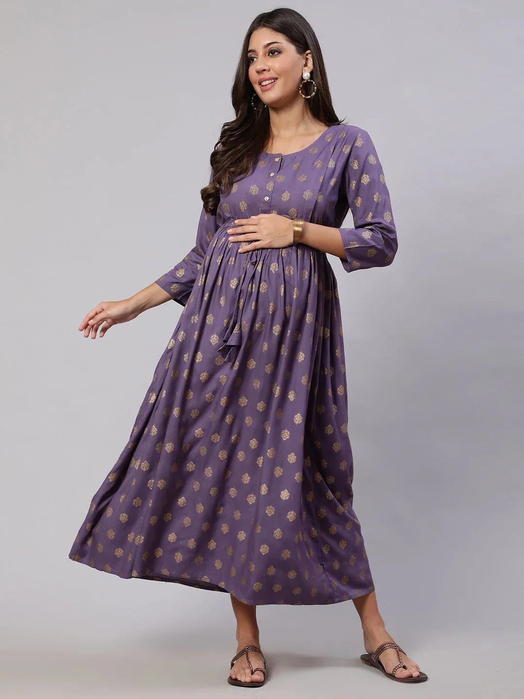 Women Purple Printed Flared Maternity Dress