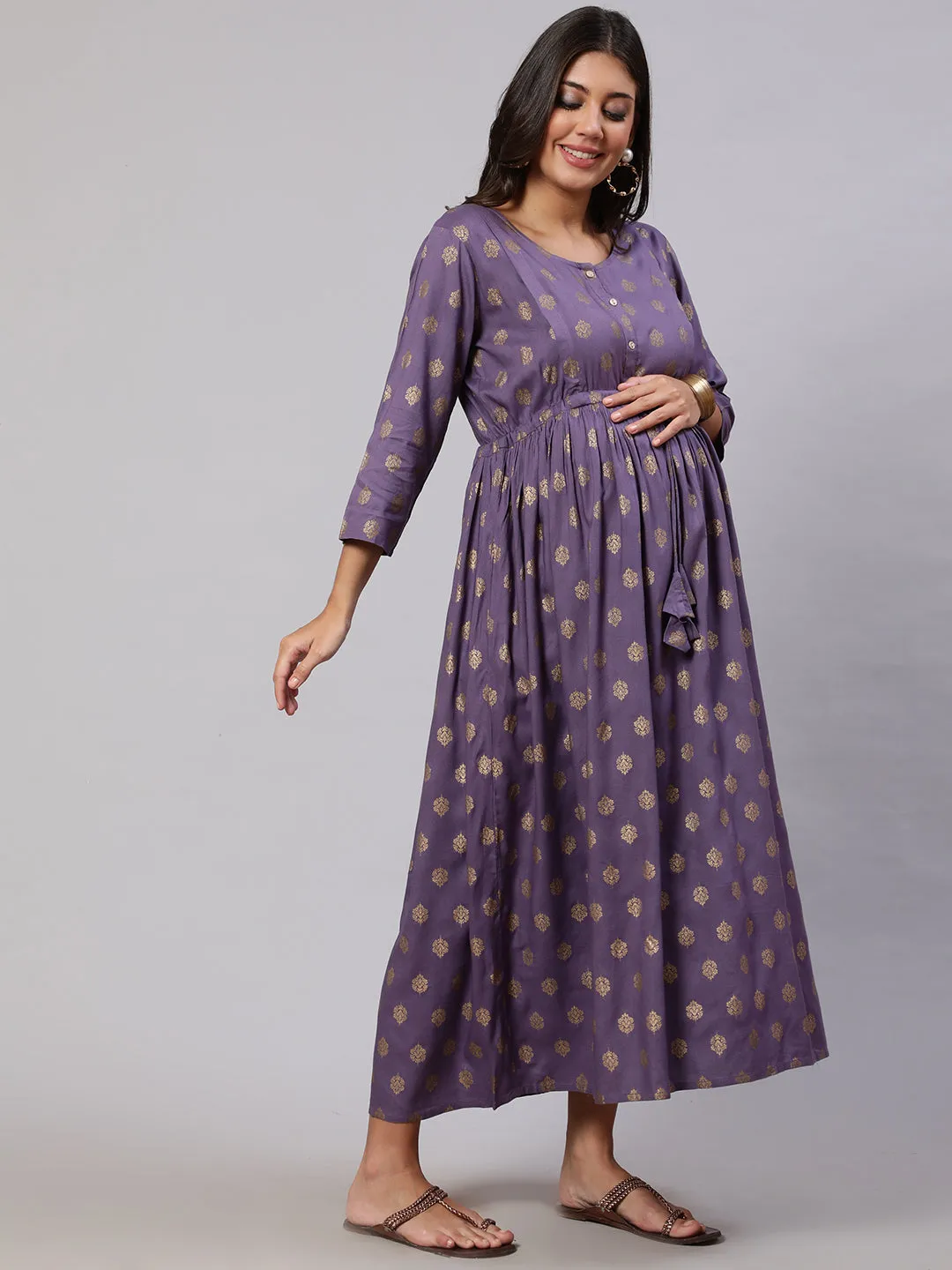 Women Purple Printed Flared Maternity Dress