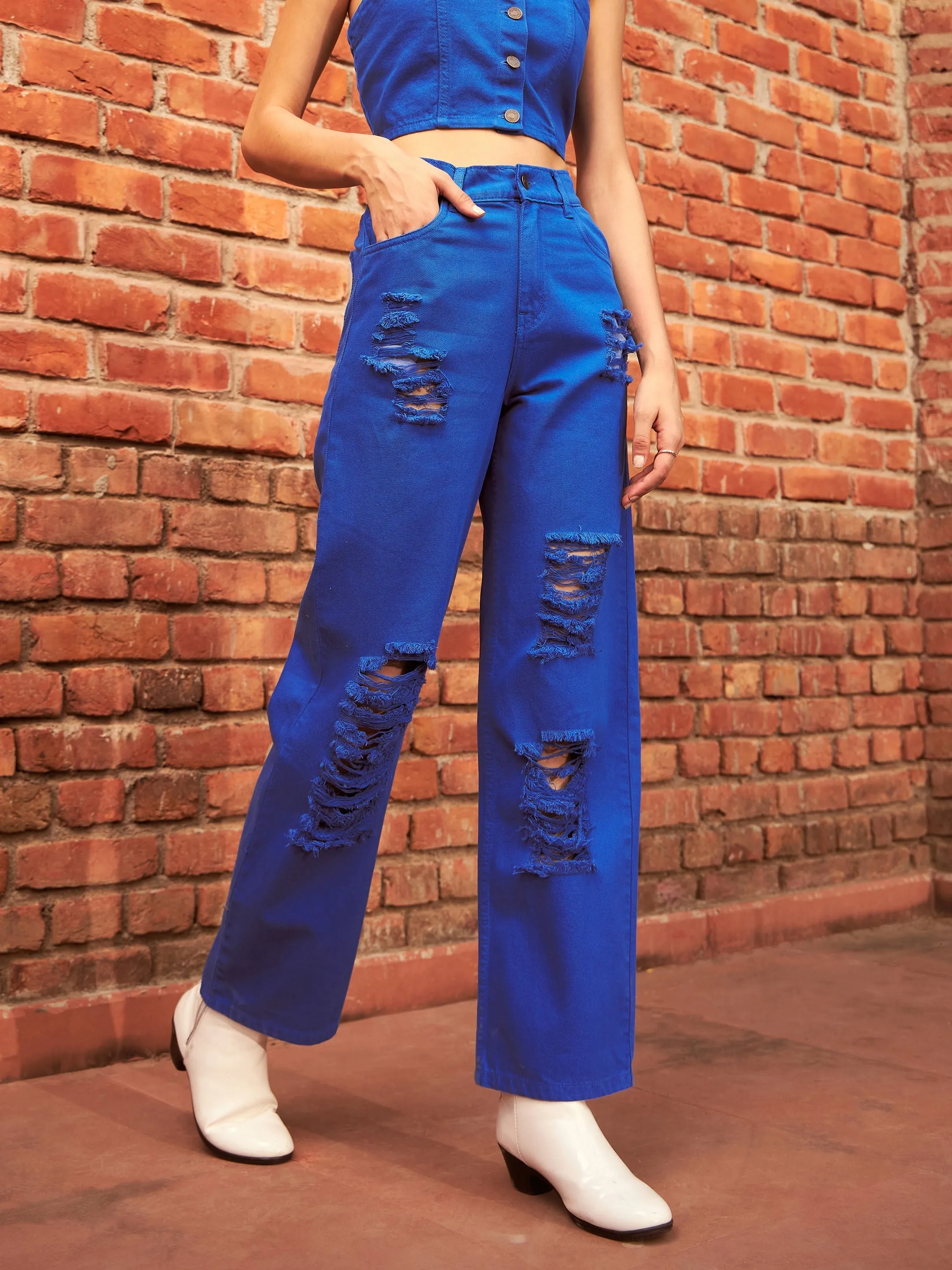 Women Royal Blue Heavy Distress Straight Jeans