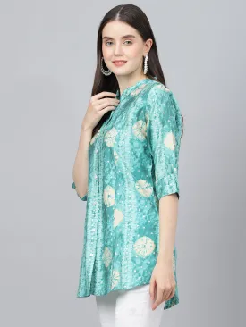 Women Sea Green Abstract Printed Modal A-Line Shirts Style Top