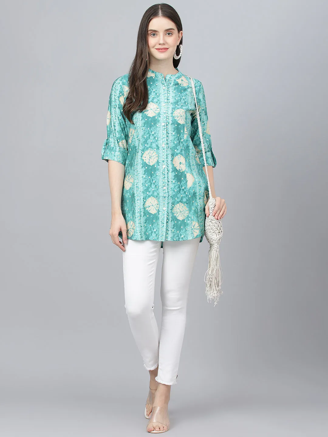 Women Sea Green Abstract Printed Modal A-Line Shirts Style Top