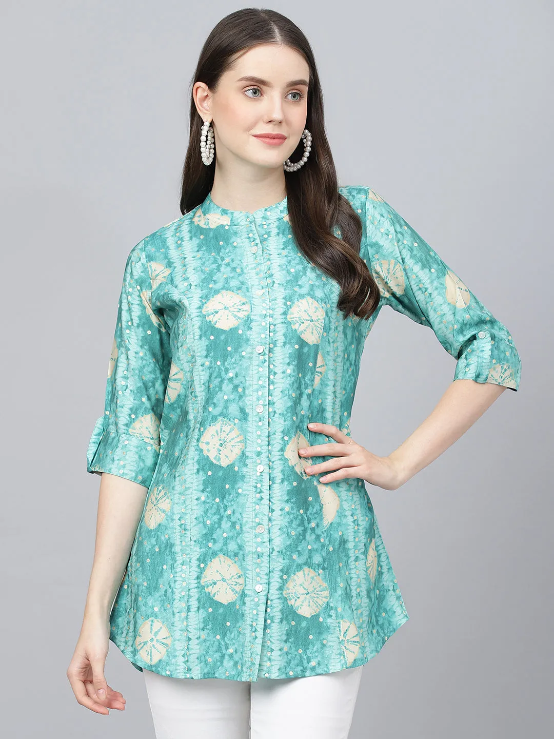 Women Sea Green Abstract Printed Modal A-Line Shirts Style Top