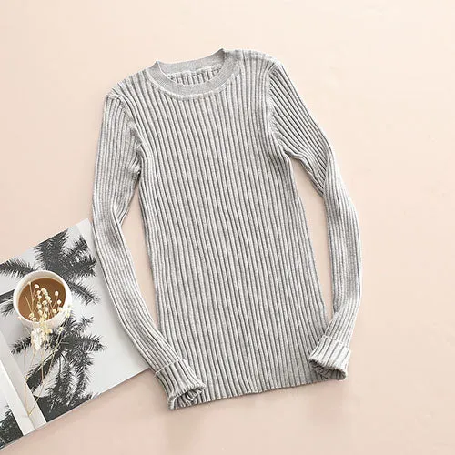 Women Sweater Pullover Basic Knitted Tops Solid Crew Neck Essential Jumper Long Sleeve Ribbed Sweaters Autumn Winter 2017