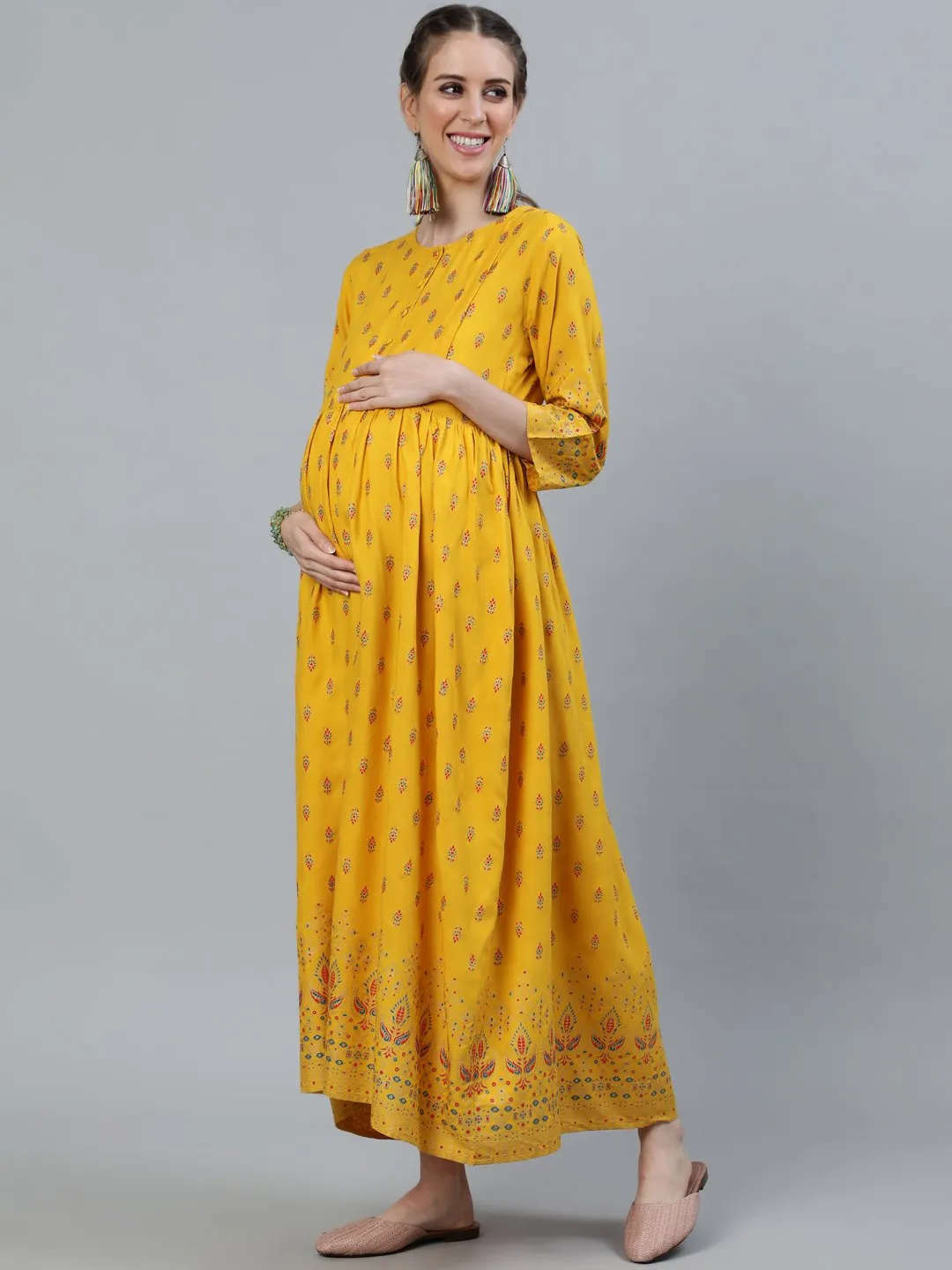 Women Yellow & Gold Printed Maternity Dress With Three Quarter Sleeves