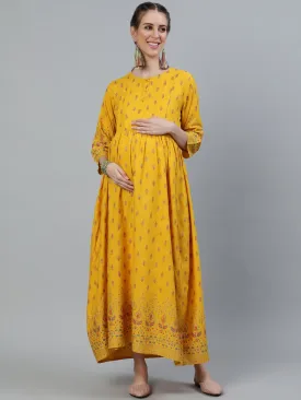 Women Yellow & Gold Printed Maternity Dress With Three Quarter Sleeves