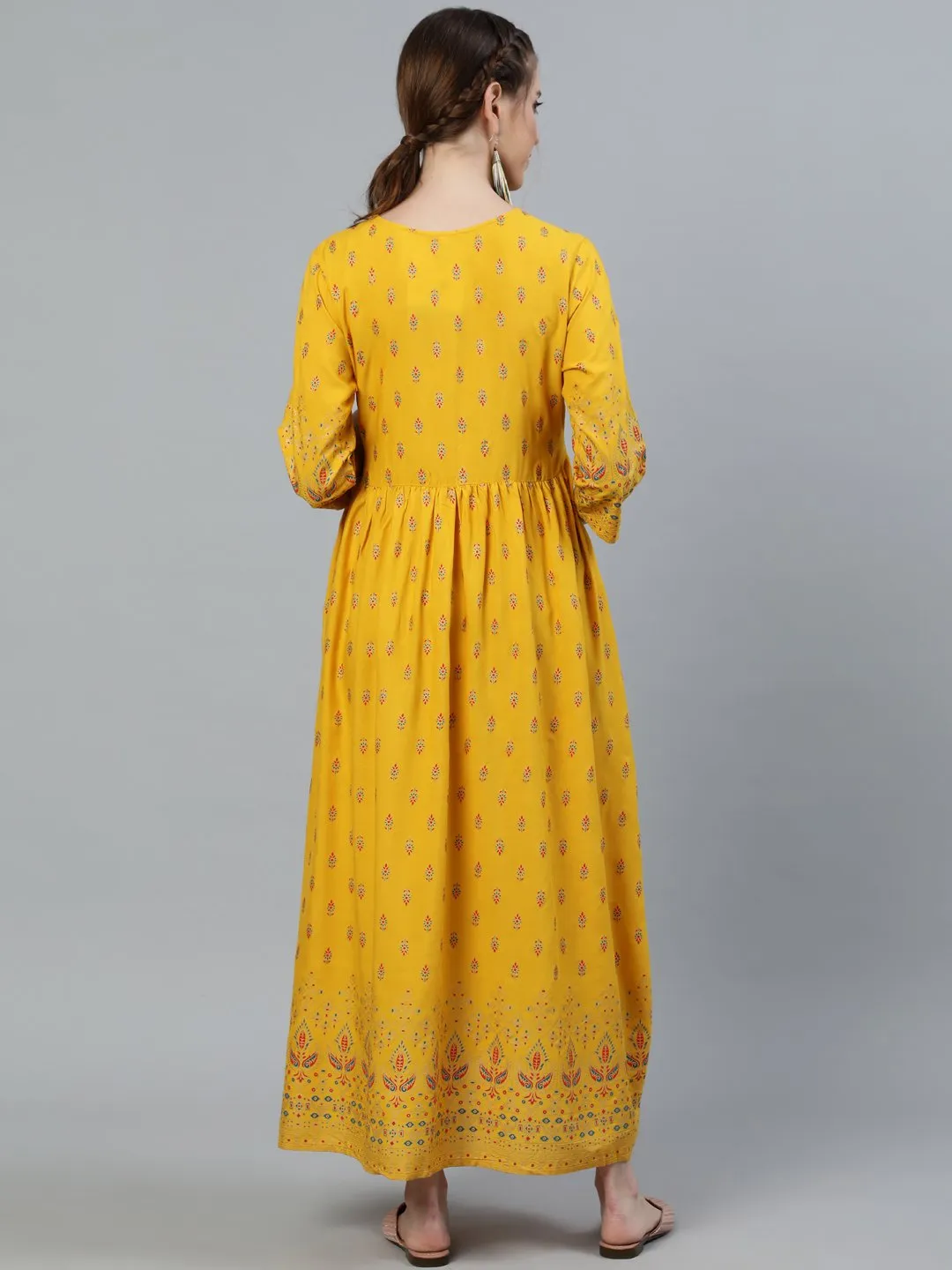 Women Yellow & Gold Printed Maternity Dress With Three Quarter Sleeves