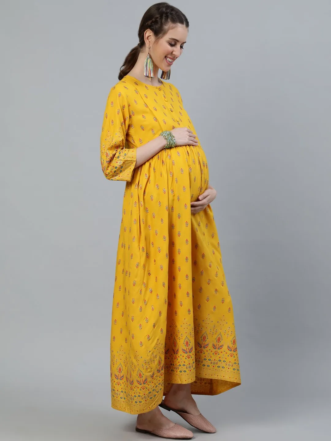 Women Yellow & Gold Printed Maternity Dress With Three Quarter Sleeves