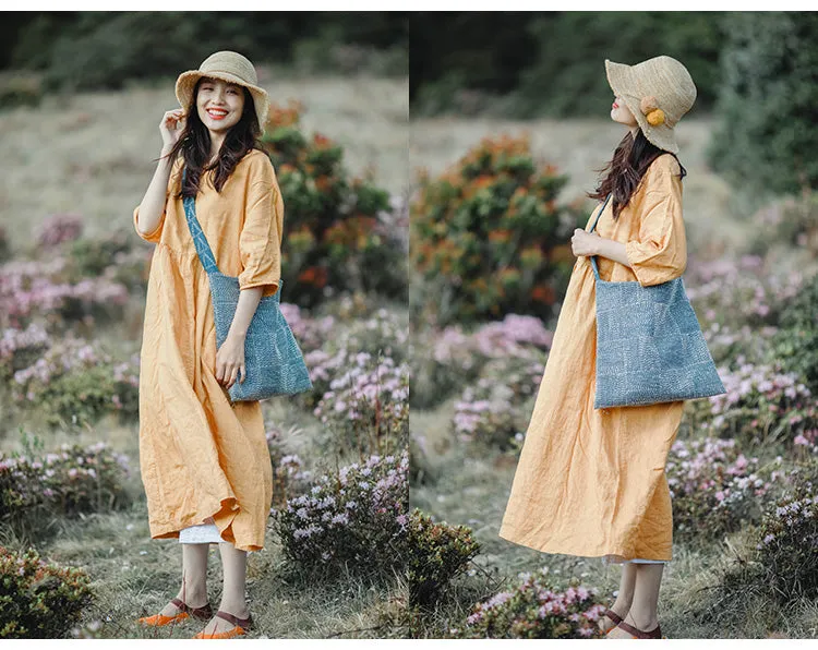 Yellow Linen Dress Summer Long Loose Women Linen Gown Dresses ZF98410