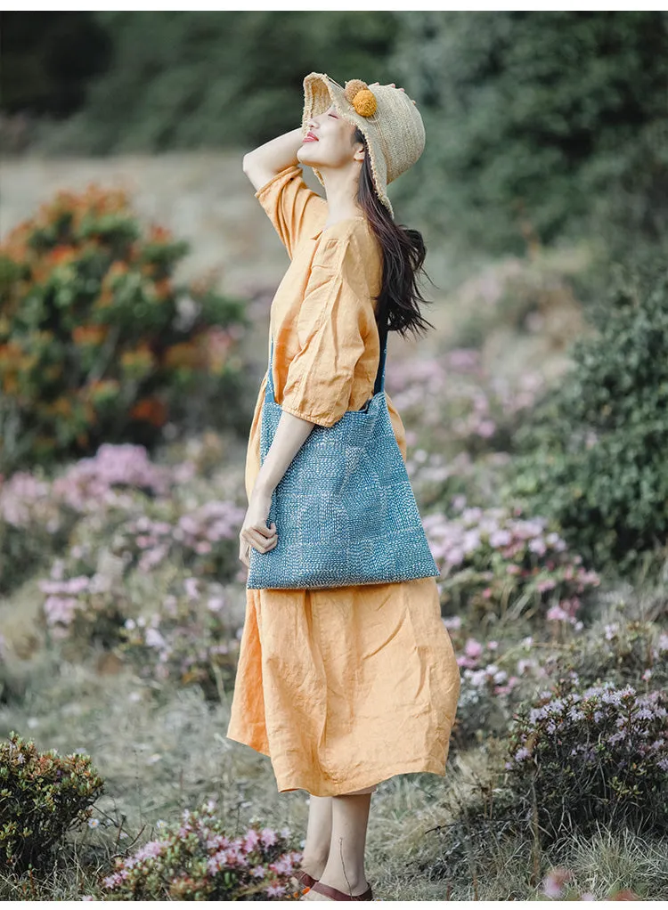 Yellow Linen Dress Summer Long Loose Women Linen Gown Dresses ZF98410