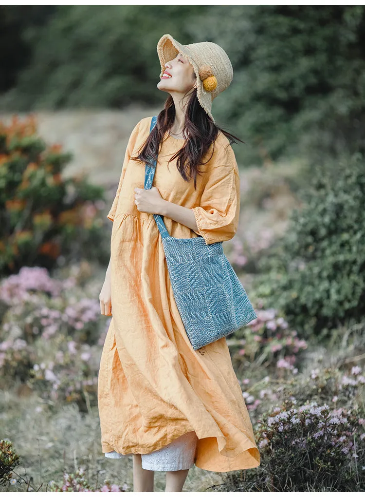 Yellow Linen Dress Summer Long Loose Women Linen Gown Dresses ZF98410