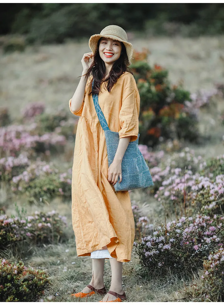 Yellow Linen Dress Summer Long Loose Women Linen Gown Dresses ZF98410