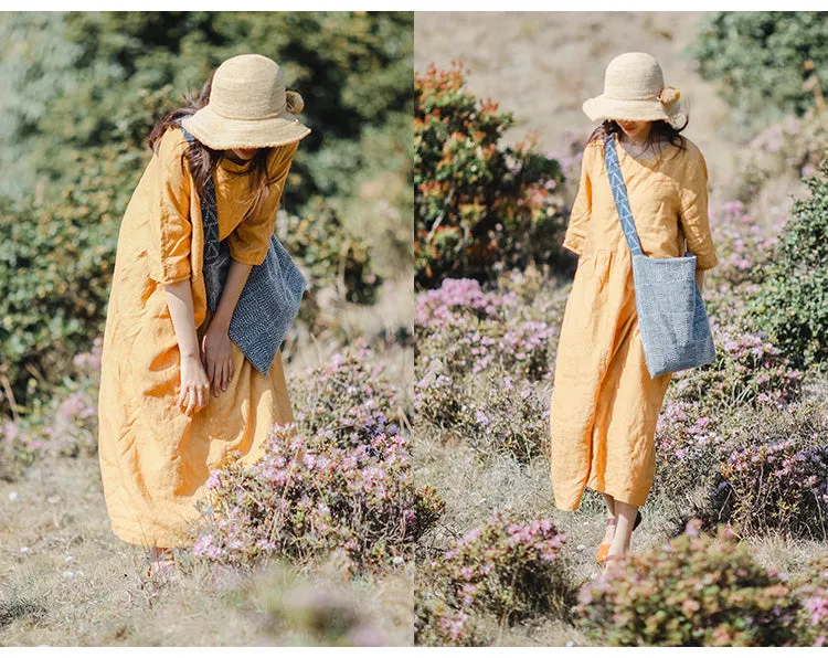 Yellow Linen Dress Summer Long Loose Women Linen Gown Dresses ZF98410