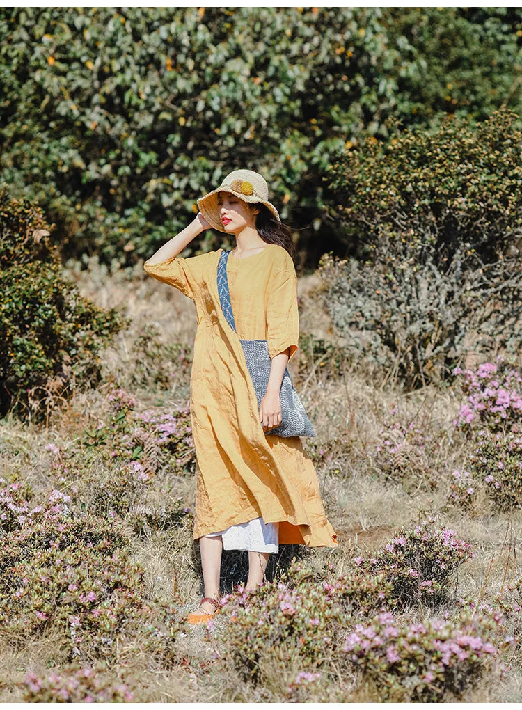 Yellow Linen Dress Summer Long Loose Women Linen Gown Dresses ZF98410