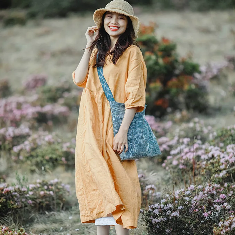 Yellow Linen Dress Summer Long Loose Women Linen Gown Dresses ZF98410